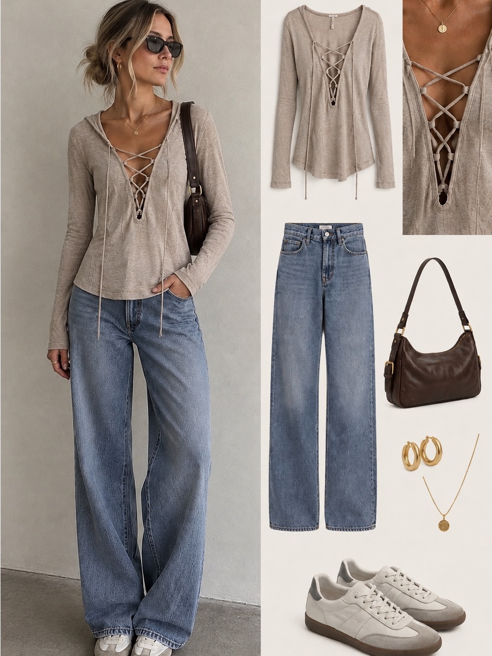 Free People Lace-Up Long Sleeve Top in Light Beige